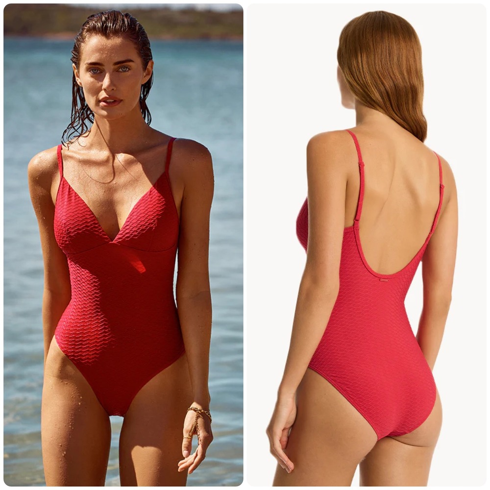 Sea Level Womens Red Honeycomb Tri Textured‎ Resort One Piece Swimsuit Size 12